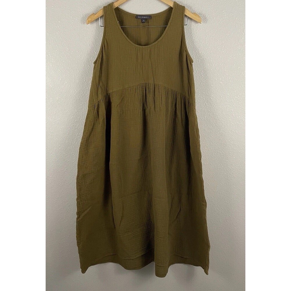 Grade And Gather Womens M Double Gauze Sleeveless Midi Dress In Moss Color